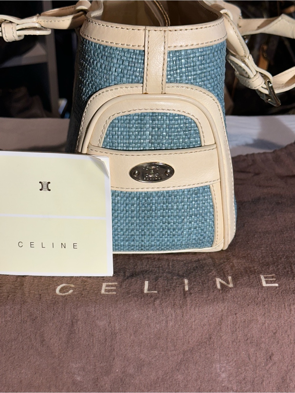 Celine Light Blue Woven Tote with Cream Leather Trim - Picture 3 of 12